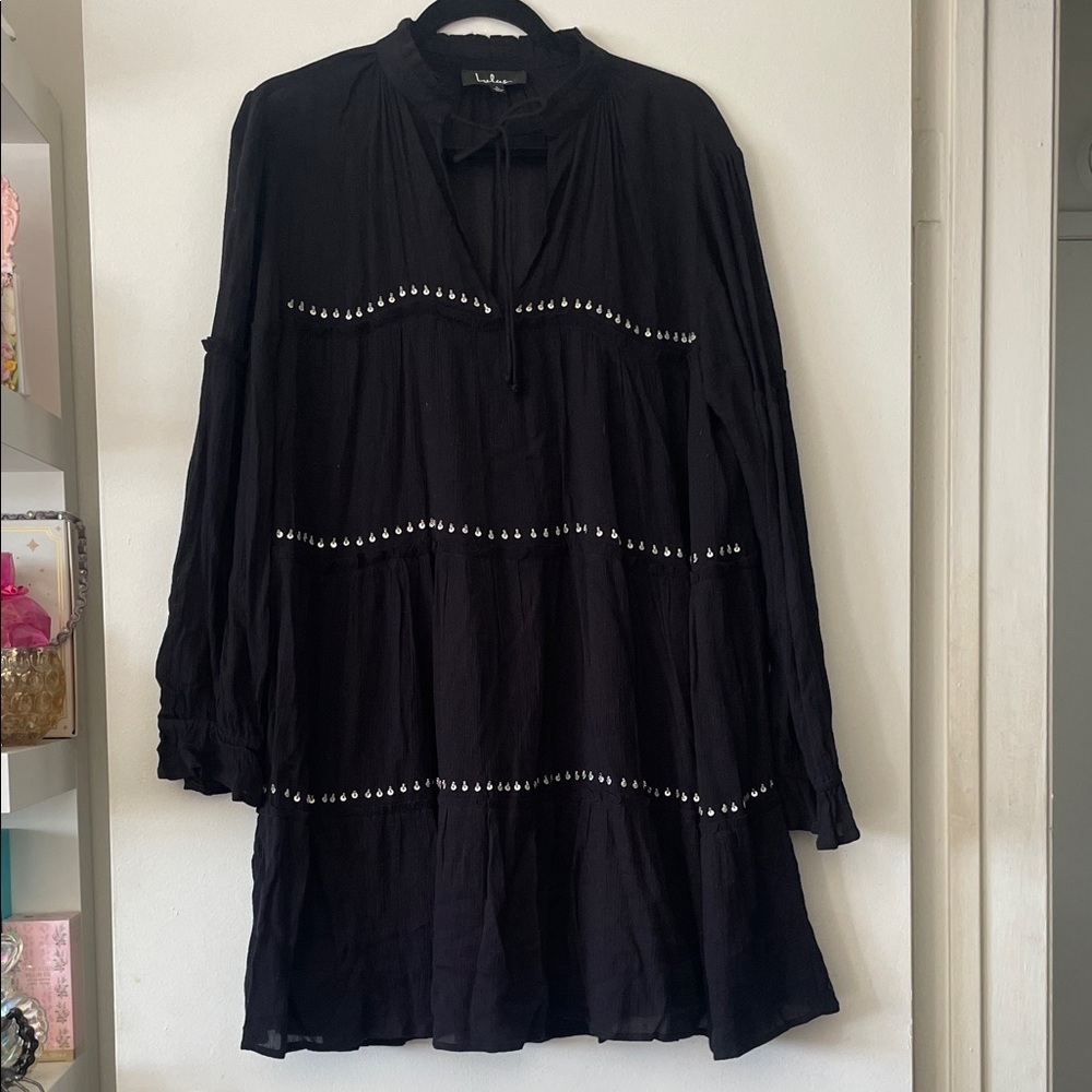 LULUS|Boho Black Tiered Dress with Silver Sequin Accents|Large|EUC